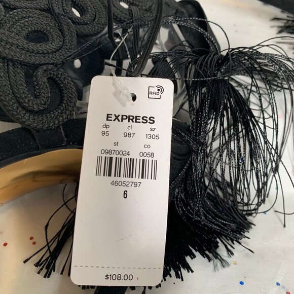 Express x Brian Atwood Black Macrame Lace up Ankle Stiletto Sandals Tassel Tie - Picture 11 of 16